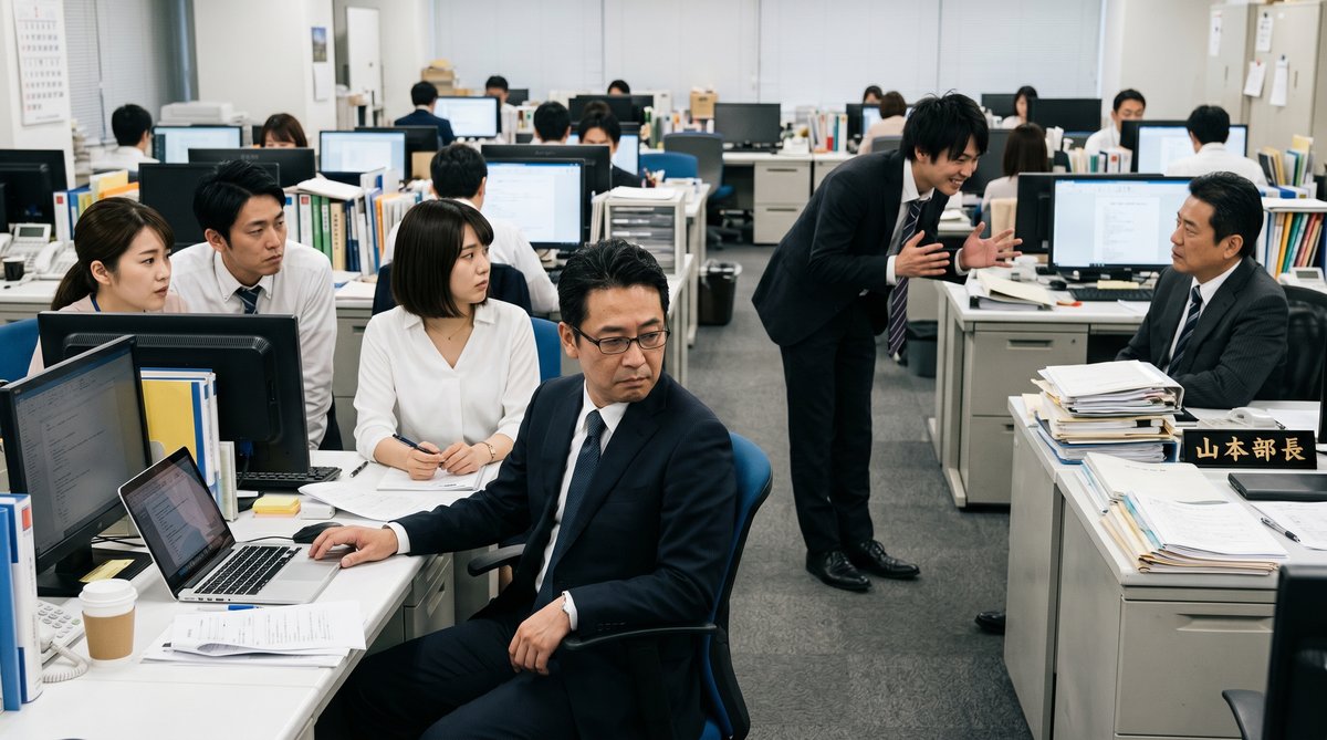 【画像】人を選んで挨拶する人の哀れな末路：上司にだけ媚びを売り（ごまをする）、周囲の同僚たちからドン引きされて冷ややかな目で見つめられている、職場で孤立した社員の様子