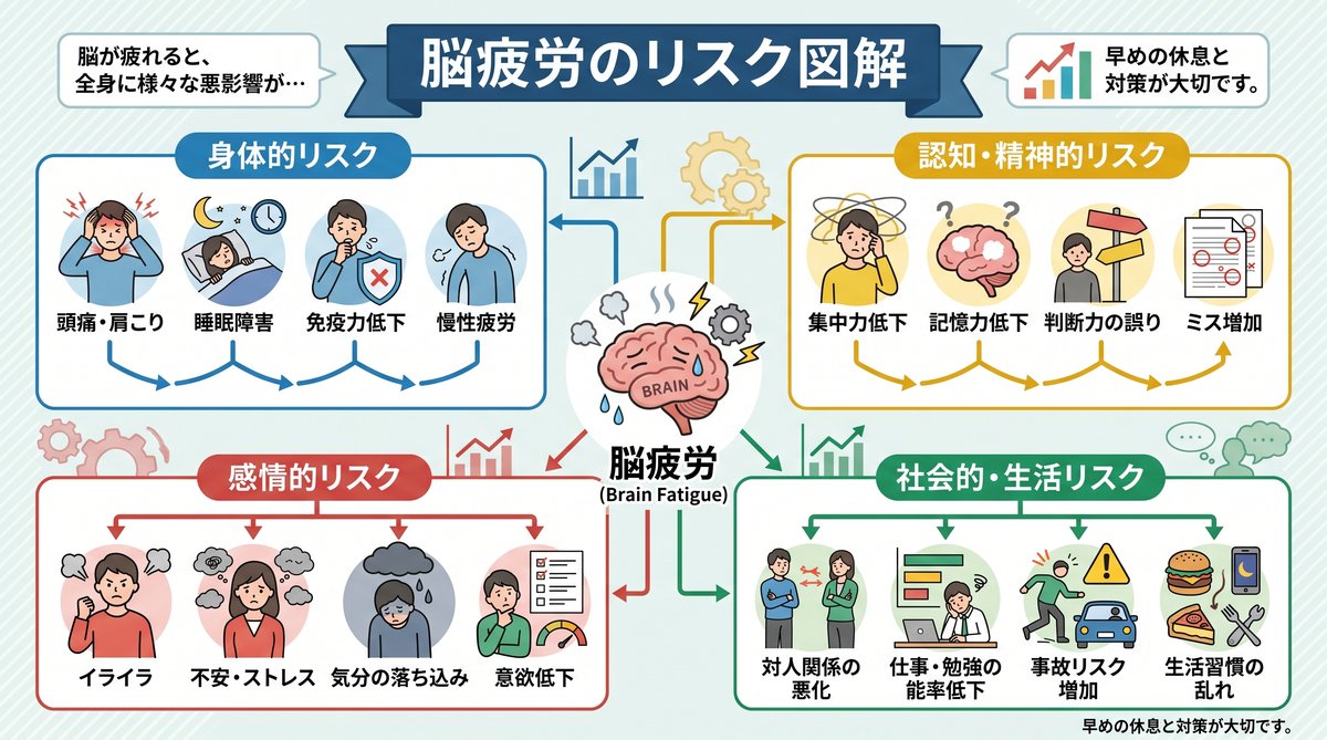 「脳疲労のリスク図解」と書かれたインフォグラフィック。脳疲労が引き起こす症状として、「身体的リスク（頭痛・睡眠障害など）」「認知的リスク（集中力低下など）」「感情的リスク（イライラ・不安など）」「社会的・生活リスク（対人関係の悪化など）」の4つのカテゴリがイラスト付きで詳細に解説されている。