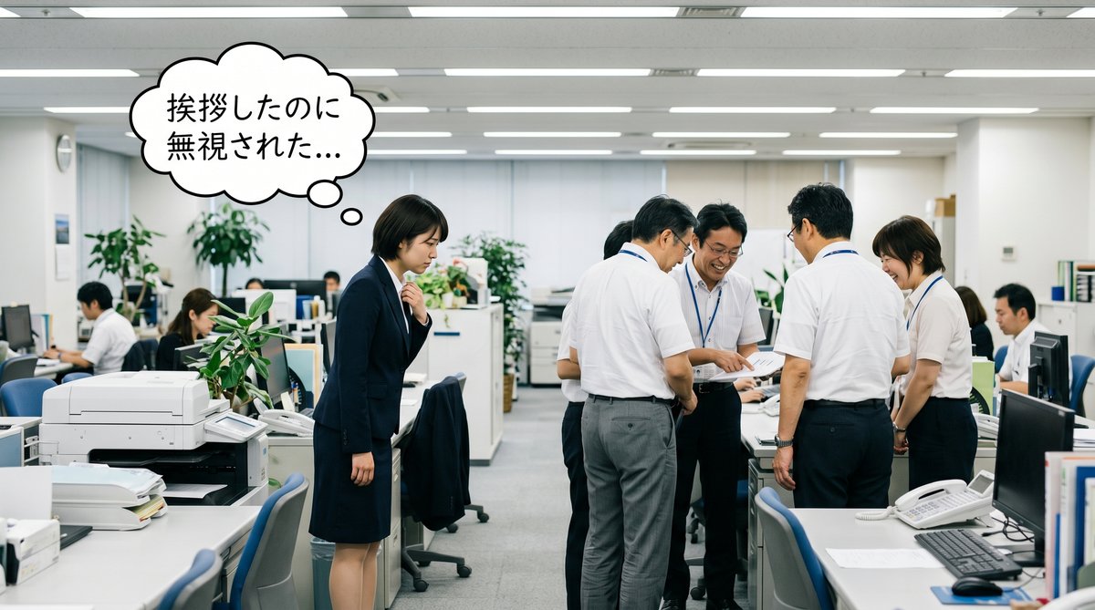 【画像】職場で挨拶を無視された時のモヤモヤする心理状態：勇気を出してお辞儀をしたのに、周囲の社員に気付かれずスルーされてしまい、人間関係のストレスを感じている若手社員の様子