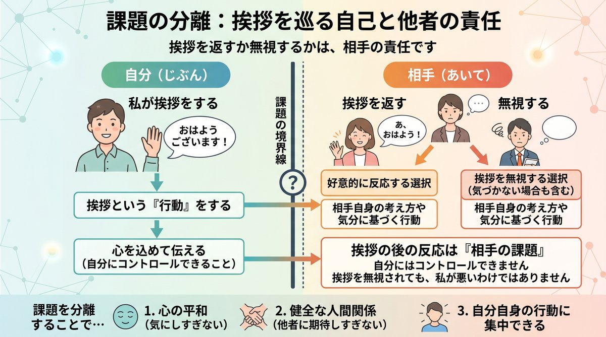 【図解】挨拶を無視する人への賢い距離の置き方「課題の分離」：自分が挨拶をした後の相手の反応（返す・無視する）は相手の課題であり、自分にはコントロールできないことを論理的に解説した図