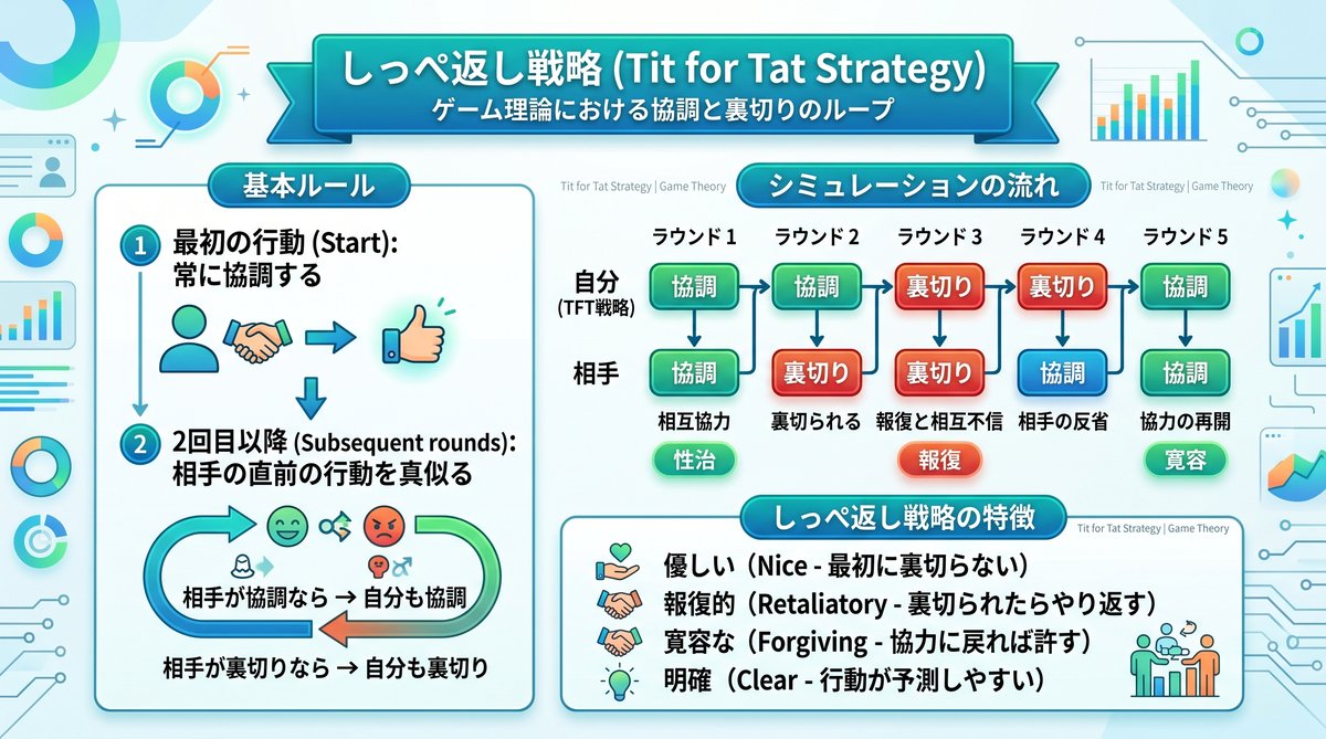 【図解】挨拶を無視する人への合理的な対処法「しっぺ返し戦略（Tit for Tat）」：ゲーム理論に基づき、相手が無視（裏切り）した場合はこちらも挨拶をやめ、相手が挨拶（協調）してきたら返すという、ストレスのない距離の置き方をまとめた図