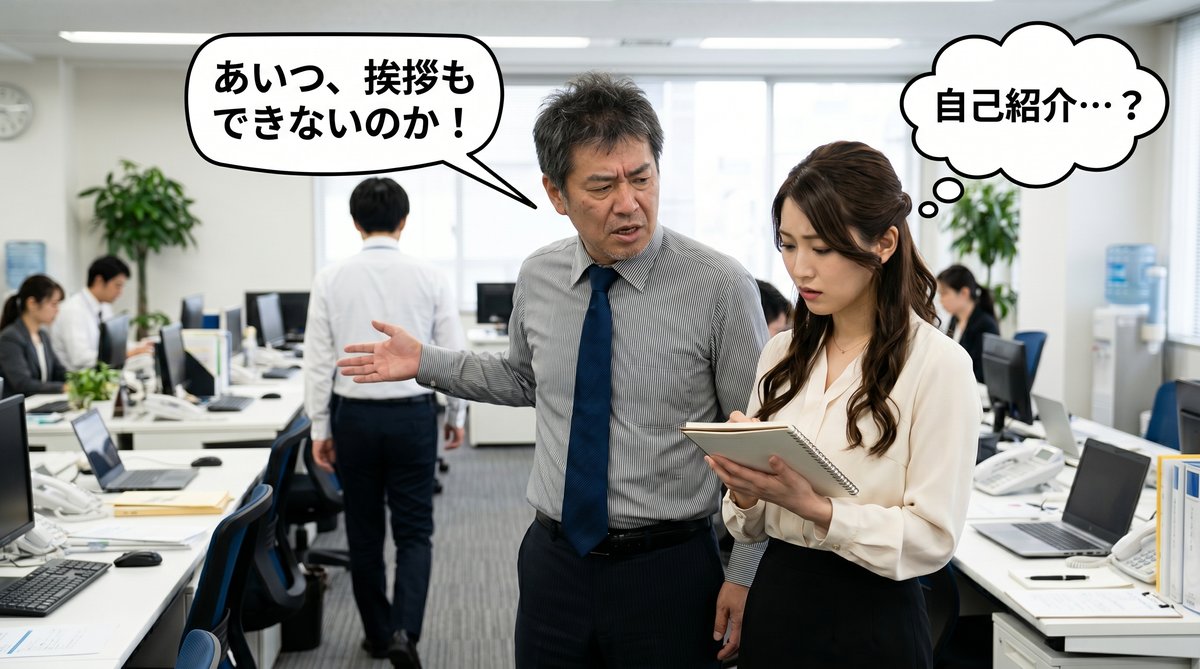 【画像】他人の挨拶には「あいつ、挨拶もできないのか！」と激怒する一方で、自分自身ができていない、職場の矛盾したベテラン社員の特徴を表した図