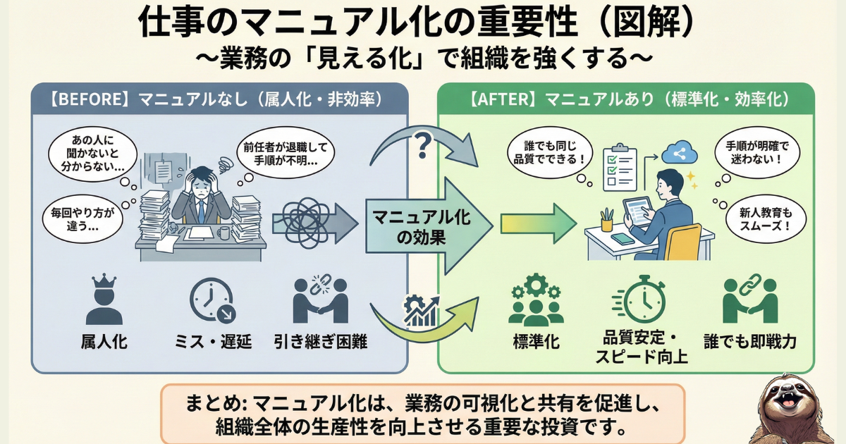 仕事のマニュアル化の重要性のわかりやすい図