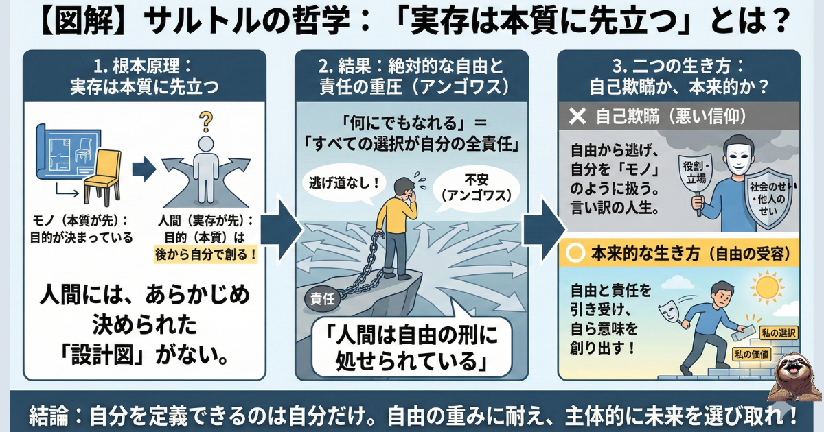 サルトルの哲学「実存は本質に先立つ」の図解。人間には決まった設計図がなく「自由の刑」に処せられているという不安(アンゴワス)から、役割に逃げる「自己欺瞞」か、自ら意味を創る「本来的な生き方」かを選択する構造を解説。