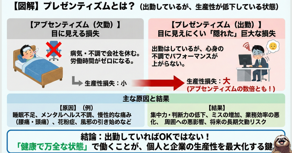 プレゼンティズム(心身不調のまま出勤すること)とアブセンティズム(欠勤)の損失コスト比較図解。無理に出社してパフォーマンスが落ちる方が、欠勤よりも企業にとって「隠れた巨大な損失」になることを解説。
