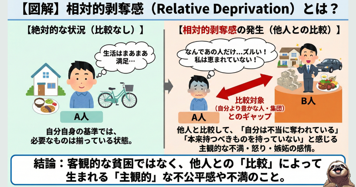 相対的剥奪感の図解。生活に困っていない人でも、他人(自分より豊かな人)と比較することで、「自分は不当に奪われている」「ズルい」という主観的な不満や嫉妬を感じてしまう心理メカニズムの解説。