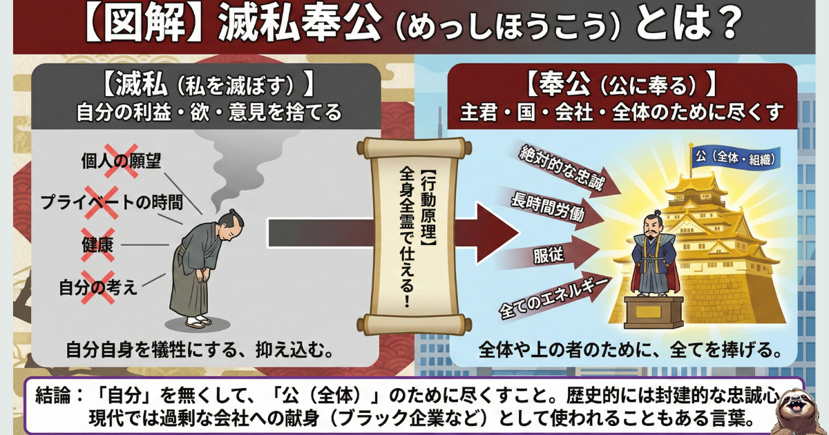 【図解】滅私奉公(めっしほうこう)の意味とは?「私(個人の健康や時間)を滅ぼして、公(会社や組織)に尽くす」という構造を解説。かつての封建的な忠誠心が、現代ではブラック企業への過剰な献身につながっていることを示すイラスト。