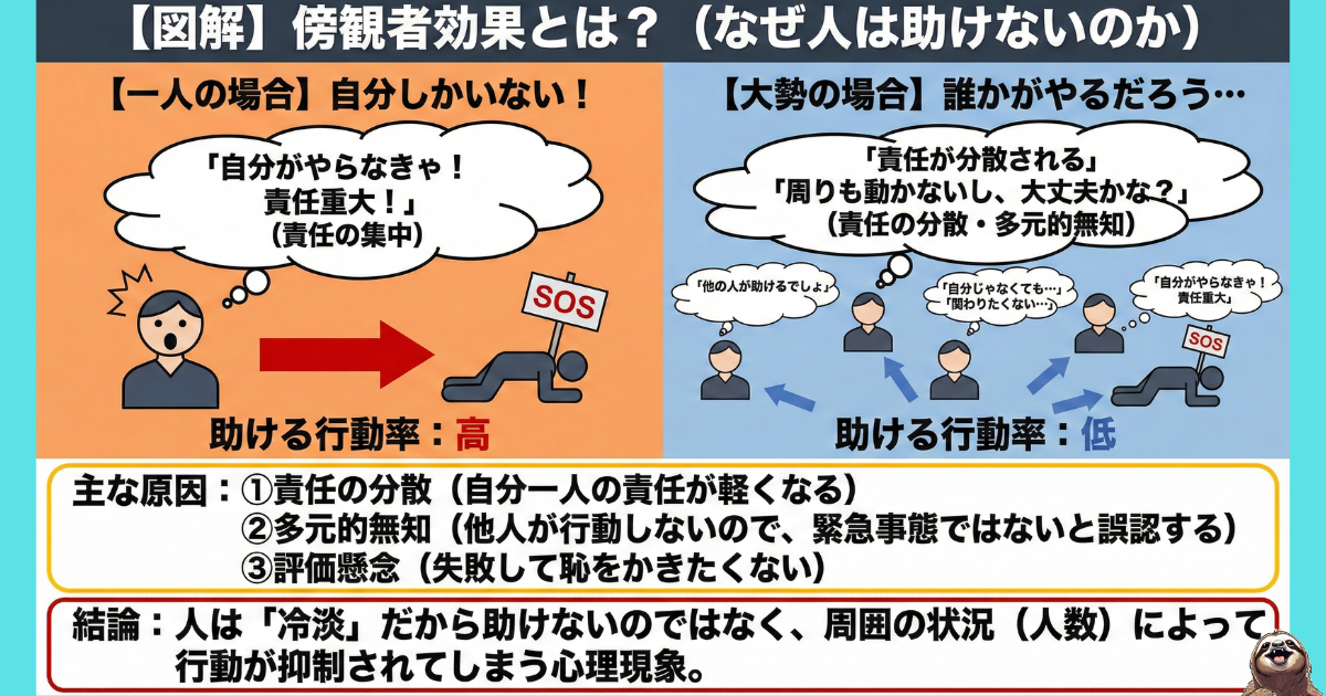 【図解】傍観者効果とは？一人の時は「自分がやらなきゃ」と行動するが、集団になると「誰かがやるだろう」と責任が分散され、行動率が下がる心理現象。主な原因である「責任の分散」「多元的無知」「評価懸念」の解説イラスト。