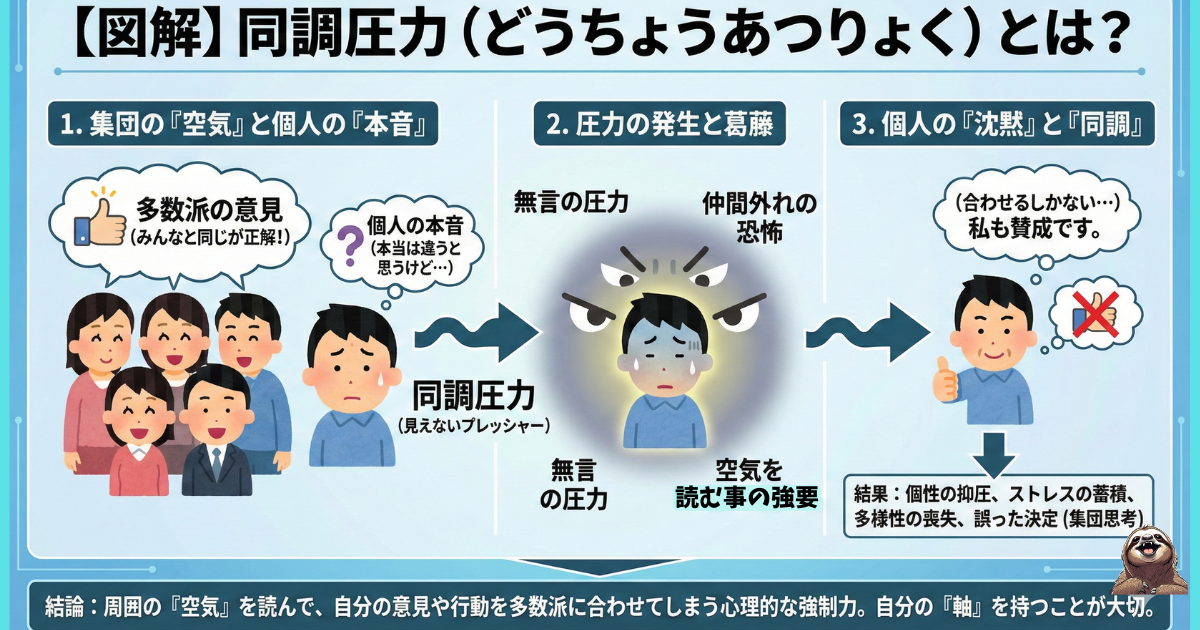 【図解】同調圧力（どうちょうあつりょく）の心理メカニズム。多数派の意見や「場の空気」という無言の圧力に対し、仲間外れへの恐怖から本音を隠して同調してしまうプロセス。ハラスメントを助長する集団思考やストレスの原因解説。