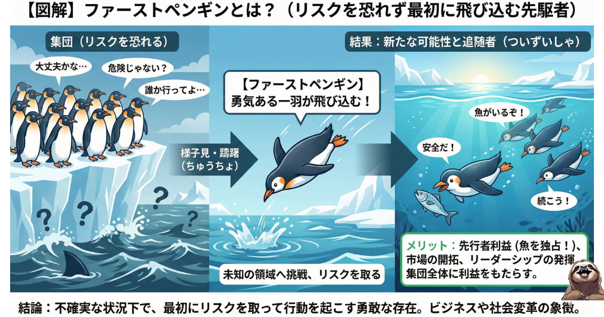 【図解】ファーストペンギンとは？リスクを恐れず最初に行動し、集団の傍観者効果を打破する勇気ある存在。