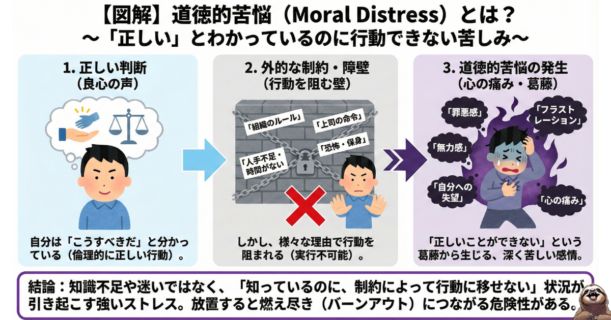 【図解】道徳的苦悩(Moral Distress)とは？正しい行動が組織の制約で阻害され、罪悪感や無力感に苛まれる心理プロセスの仕組み。