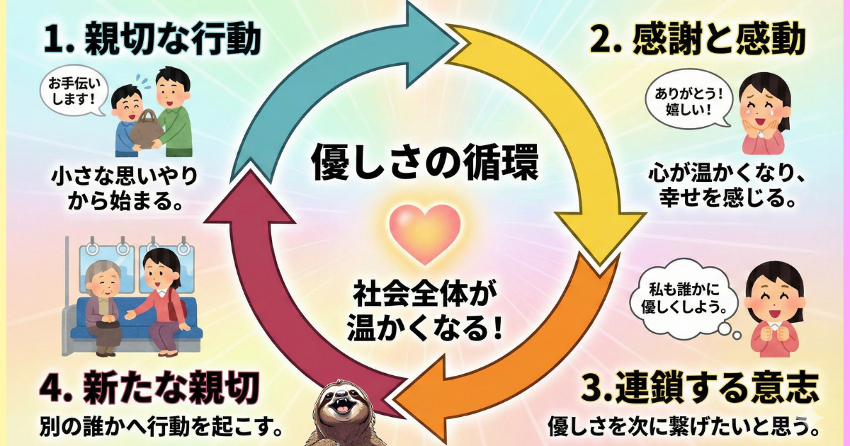【図解】優しさの循環（ペイフォワード）の仕組み：小さな親切が感謝を生み、次の親切へと連鎖して社会全体を温かくするプロセス。