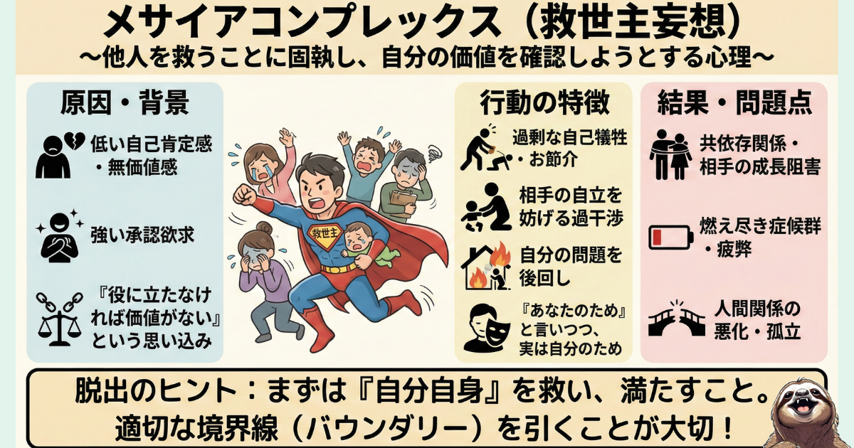 【図解】メサイアコンプレックス(救世主妄想)とは？他人を救うことに固執し、自己犠牲で自分の価値を満たそうとする心理構造