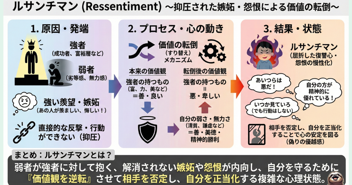 【図解】ルサンチマン（怨恨）の意味とメカニズム：強者への嫉妬を抑圧し、価値観を転倒（逆転）させて精神的優位に立とうとする心理