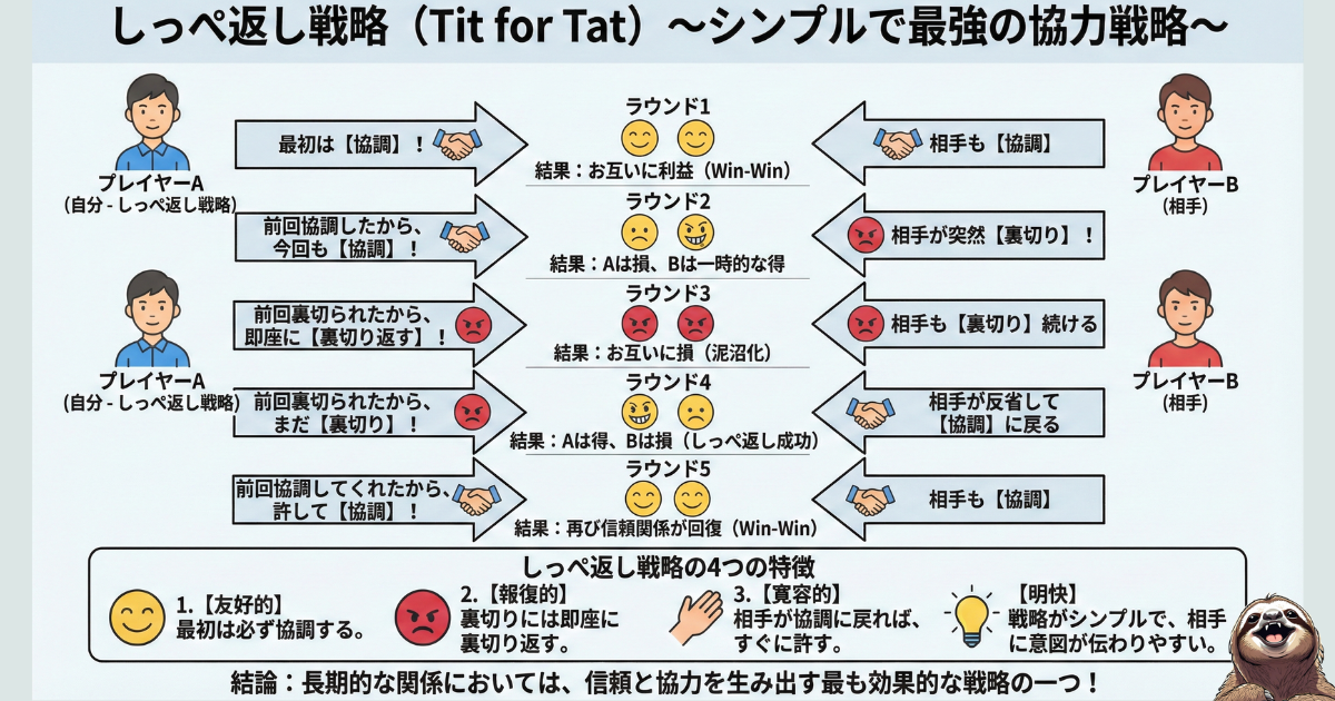 【図解】しっぺ返し戦略(Tit for Tat)の仕組み：ゲーム理論における最強の協力戦略と、裏切りへの対処法（即座の報復と寛容な許し）
