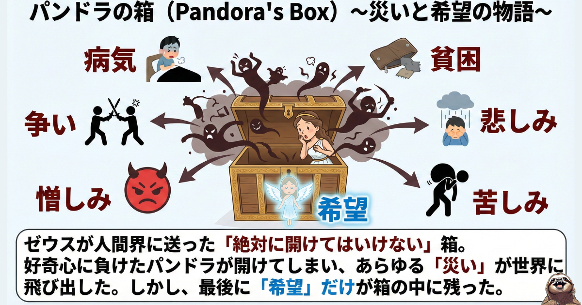 【図解】パンドラの箱の神話：好奇心によって開けられた箱から災い（病気・貧困・争い）が飛び出し、最後に「希望」だけが残った物語