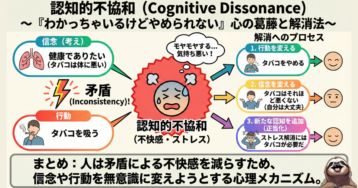 【図解】認知的不協和とは？信念と行動の矛盾が引き起こすストレスと、言い訳や正当化によって不快感を解消しようとする心理メカニズム