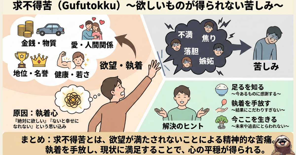 【図解】仏教の四苦八苦「求不得苦(ぐふとっく)」：欲しいものが手に入らない苦しみと、執着を手放す「足るを知る」マインドセット