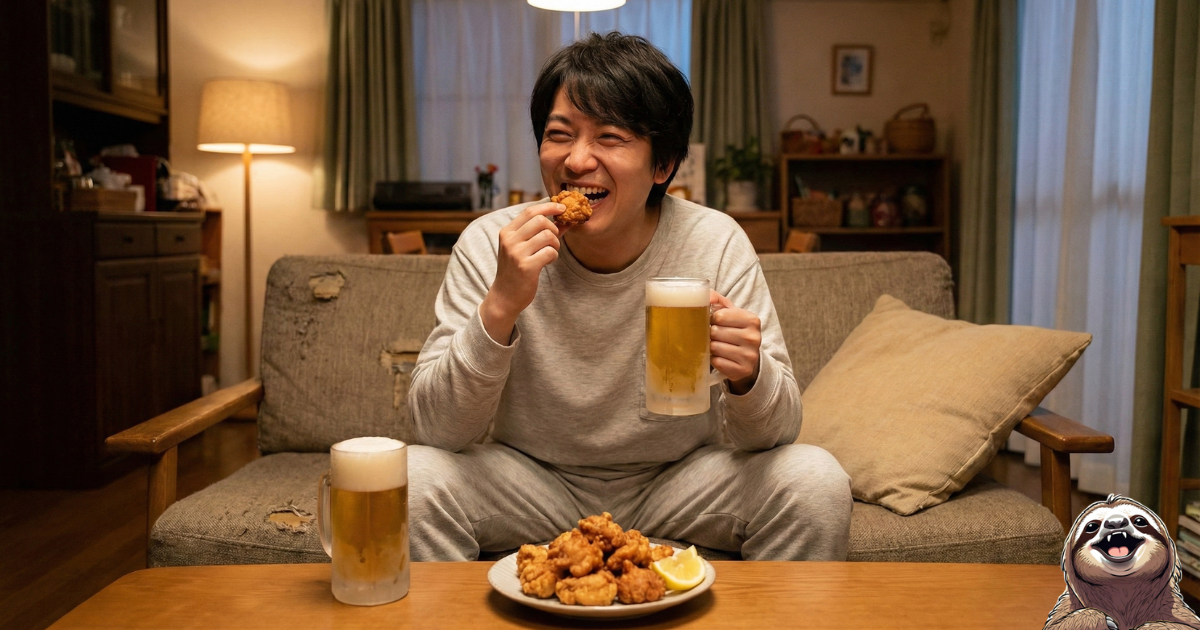 「希望」という呪いを解いた後の世界：高望みを捨て、日々の晩酌や小さな幸せ（ビールと唐揚げ）を心から楽しむ男性の姿