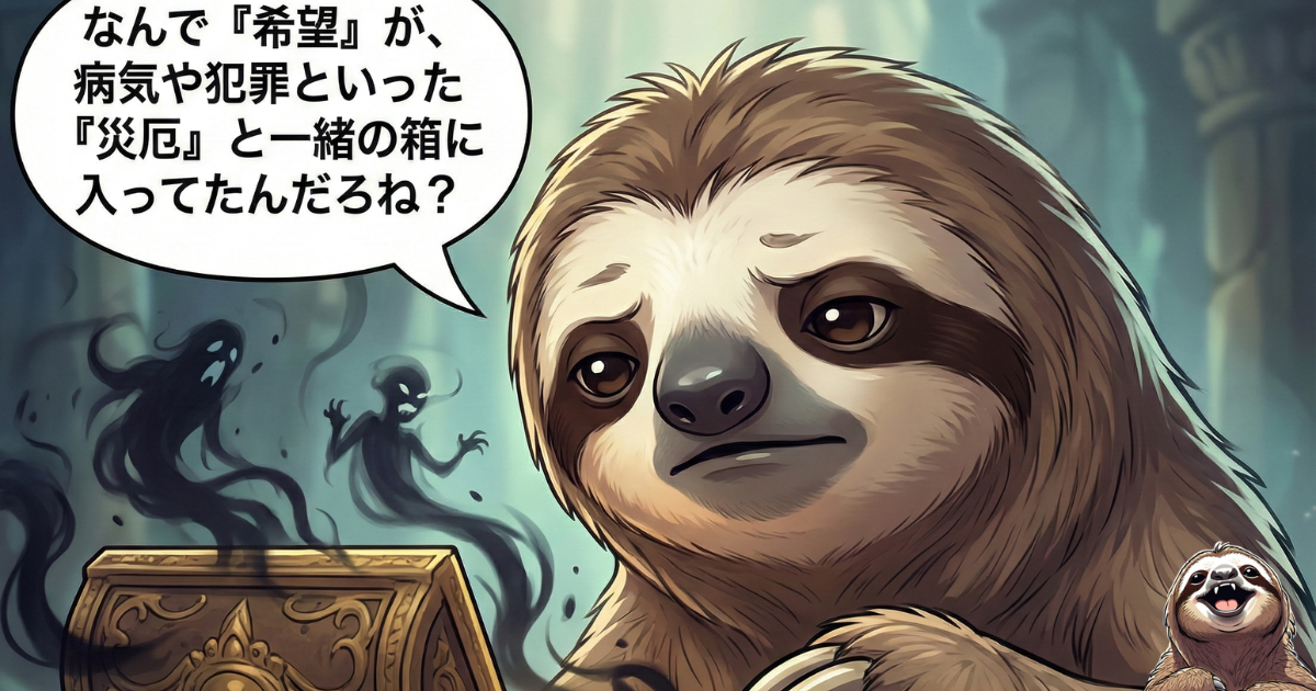 【図解】パンドラの箱の最大の謎：なぜ「希望」は病気や犯罪といった「災厄」と同じ箱に入っていたのか？希望の正体を問うナマケ者