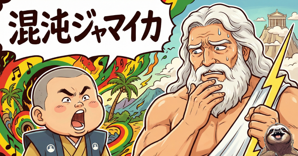 【パロディ図解】パンドラの箱が開いた後の世界：「混沌（カオス）」と「ジャマイカ」を掛けたダジャレ「混沌ジャマイカ」で表現された無秩序な状態