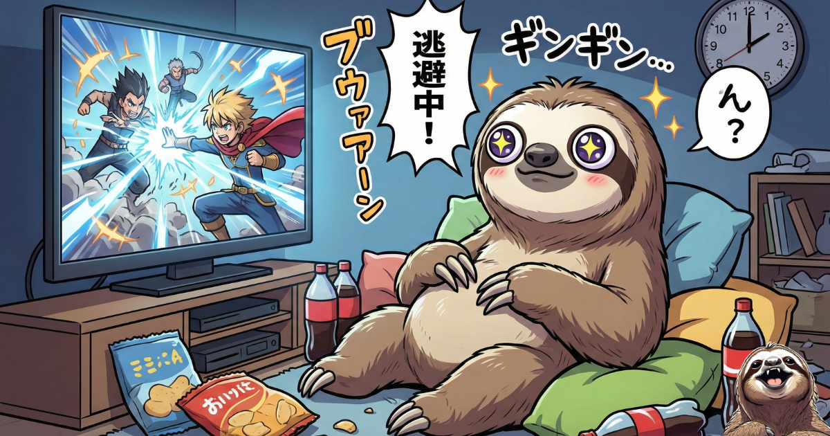 【図解】戦略的現実逃避のすすめ：深夜にアニメやゲームに没頭し、スナック菓子と共に嫌な現実を忘れるストレス解消法