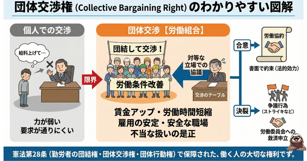 【図解】退職代行ガーディアンの強み「団体交渉権」:労働組合による退職代行が、会社との交渉や即日退職を適法に行える法的根拠