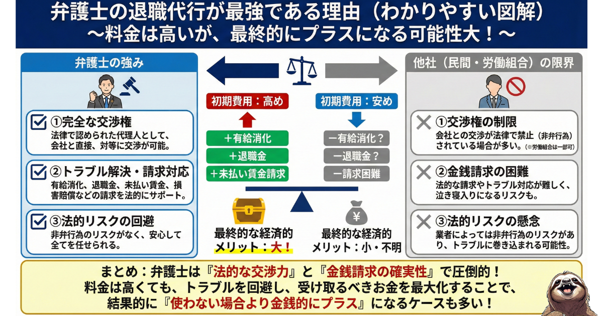 【図解】弁護士の退職代行が最強である理由：完全な交渉権により未払い賃金や退職金を請求し、高い依頼費用を回収して最終的にプラスにする仕組み