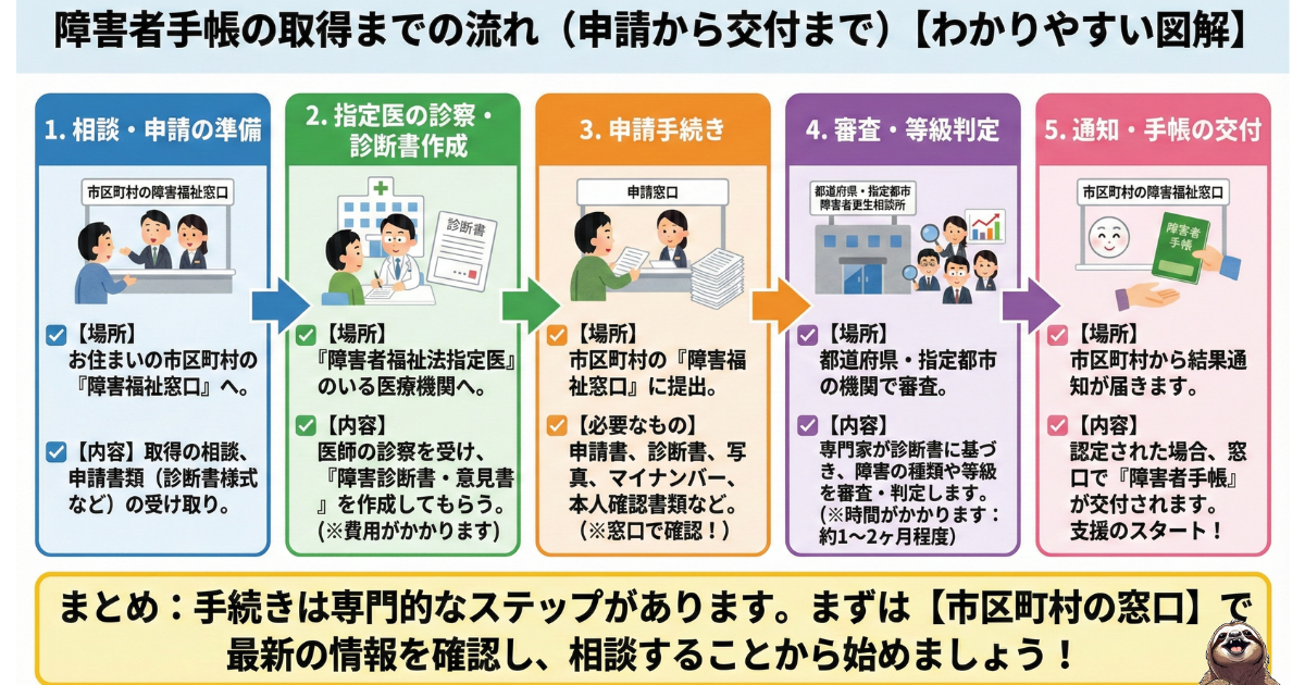【図解】障害者手帳の取得までの流れ5ステップ:市区町村窓口での相談・申請準備から、指定医による診断書作成、審査期間、交付までの手続き一覧