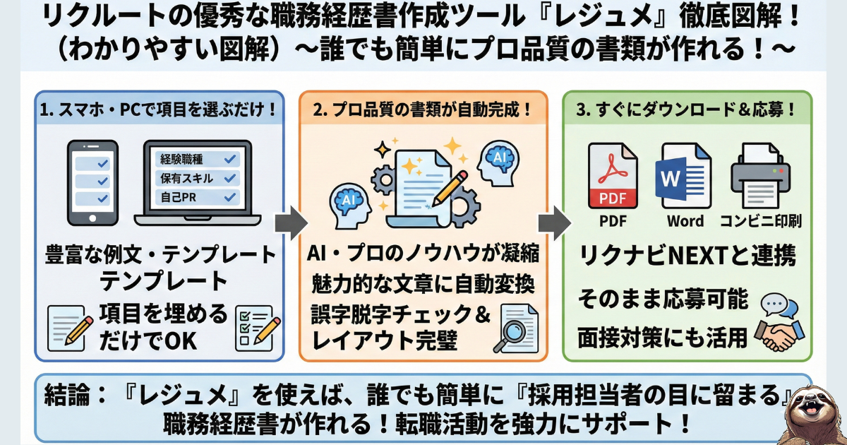 【図解】リクルートエージェントの職務経歴書作成ツール「レジュメ」の使い方:スマホで項目を選ぶだけで、AIがプロ品質の文章とレイアウトを自動作成する仕組み