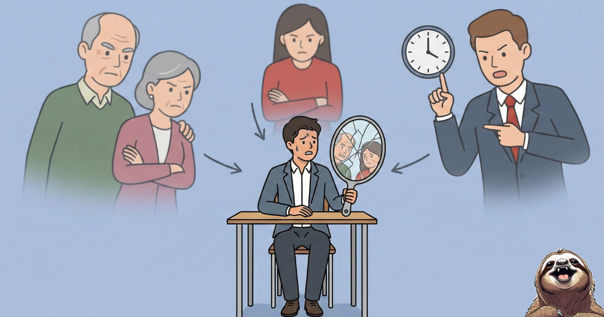 【イメージ図】他人の期待に応えようとして疲弊する「他人軸」の心理：親の失望や上司のプレッシャーを鏡に映し、自分自身の感情を押し殺している様子