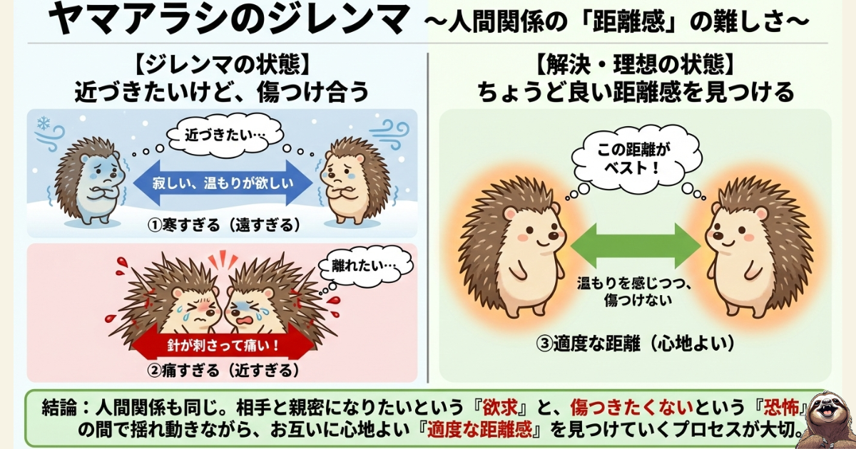 【図解】ヤマアラシのジレンマの意味と解決策：人間関係における「近づきたいけど傷つきたくない」という葛藤と、お互いに心地よい「適度な距離感」の重要性