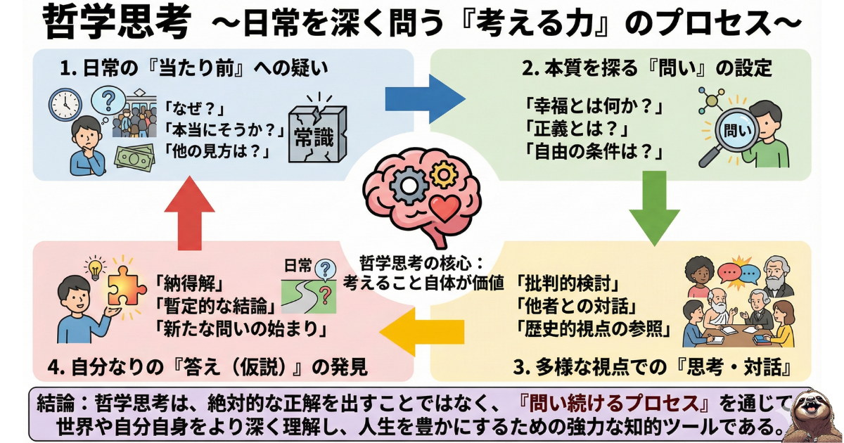 【図解】仕事に生きる「哲学思考」の4つのプロセス：常識を疑い、本質的な問いを立て、多様な視点で考え、自分なりの答え（仮説）を導き出すサイクル