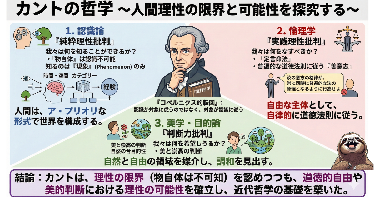 【図解】カント哲学の全体像と3大批判の要点：純粋理性批判（認識論）、実践理性批判（倫理学）、判断力批判（美学）から見る、人間理性の限界と可能性