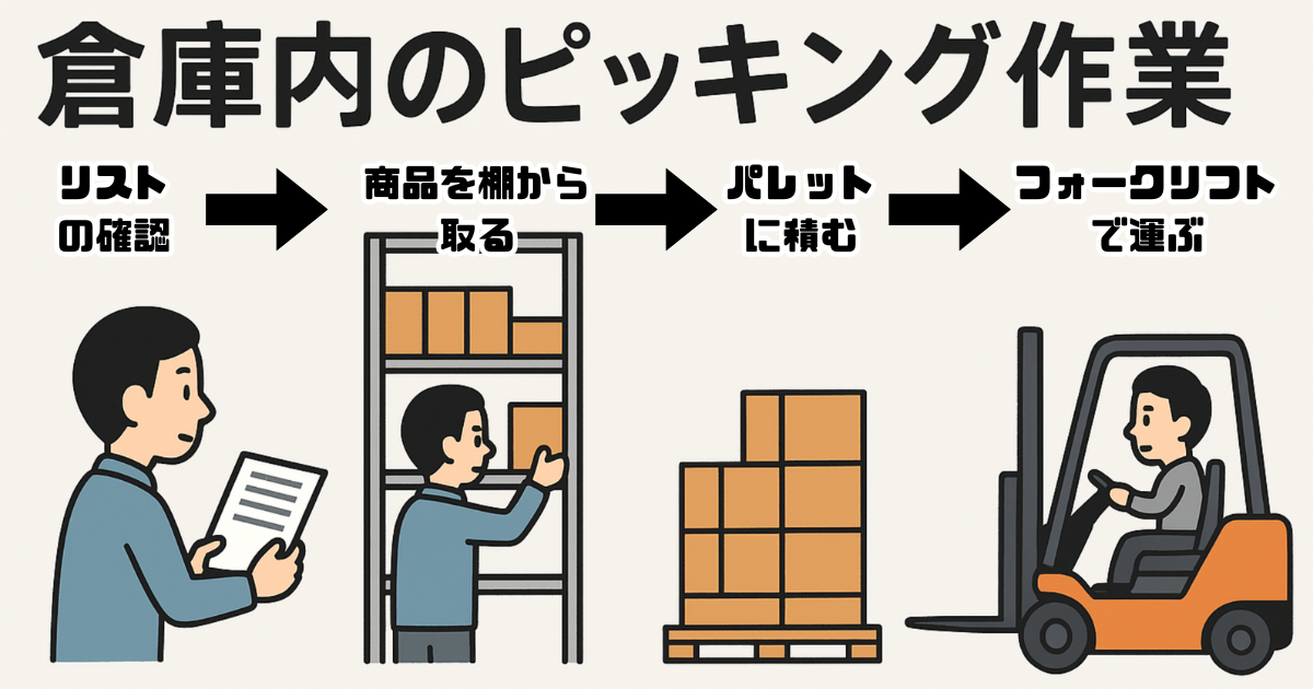 【図解】倉庫内のピッキング作業の工程フロー：リスト確認、棚出し、パレット積載、フォークリフト運搬という一連の物流業務プロセス
