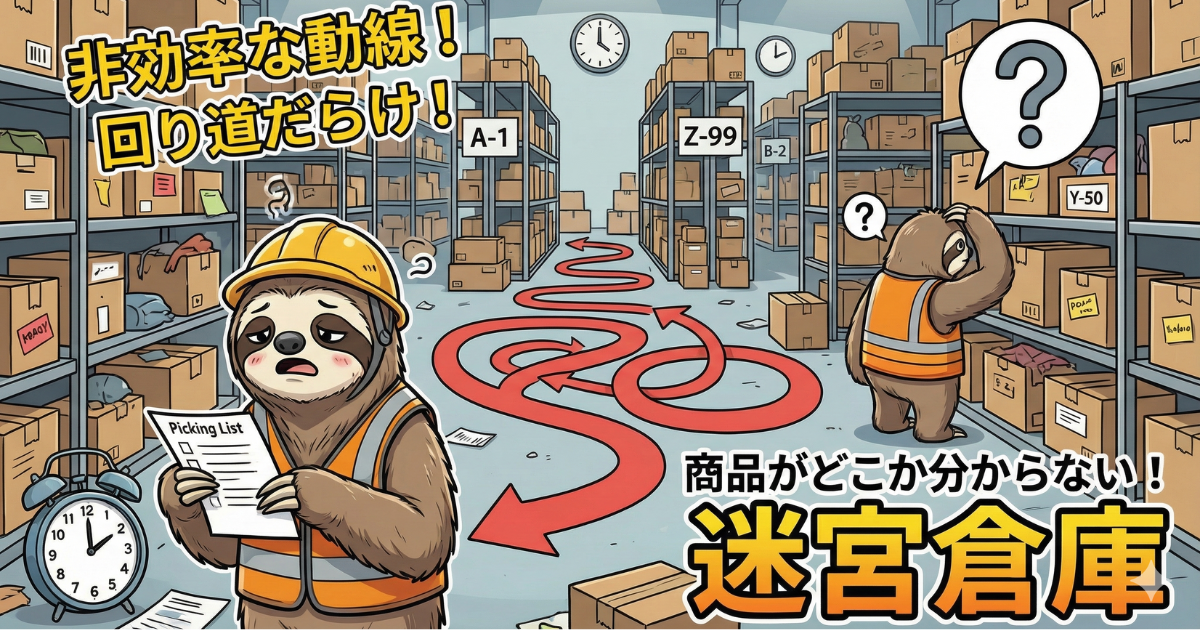 【図解】倉庫作業における非効率な動線と時間の無駄：商品配置が乱雑で保管場所が分からず、ピッキング作業で不必要な回り道（迷路）が発生している現状