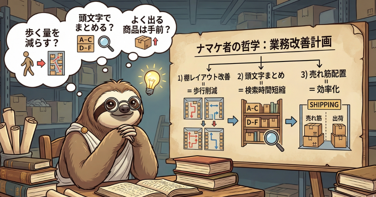 【図解】ナマケ者の哲学による倉庫業務改善計画：棚のレイアウト変更による歩行削減、頭文字管理での検索短縮、売れ筋商品の配置最適化という3つの効率化アイデア