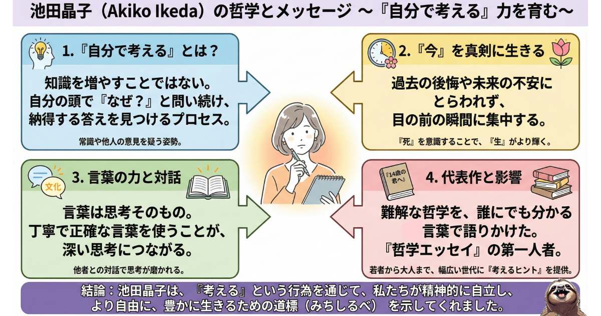 【図解】池田晶子の哲学とメッセージ：「14歳からの哲学」の著者が説く「自分で考える力」「今を真剣に生きる」「言葉の力」の要約