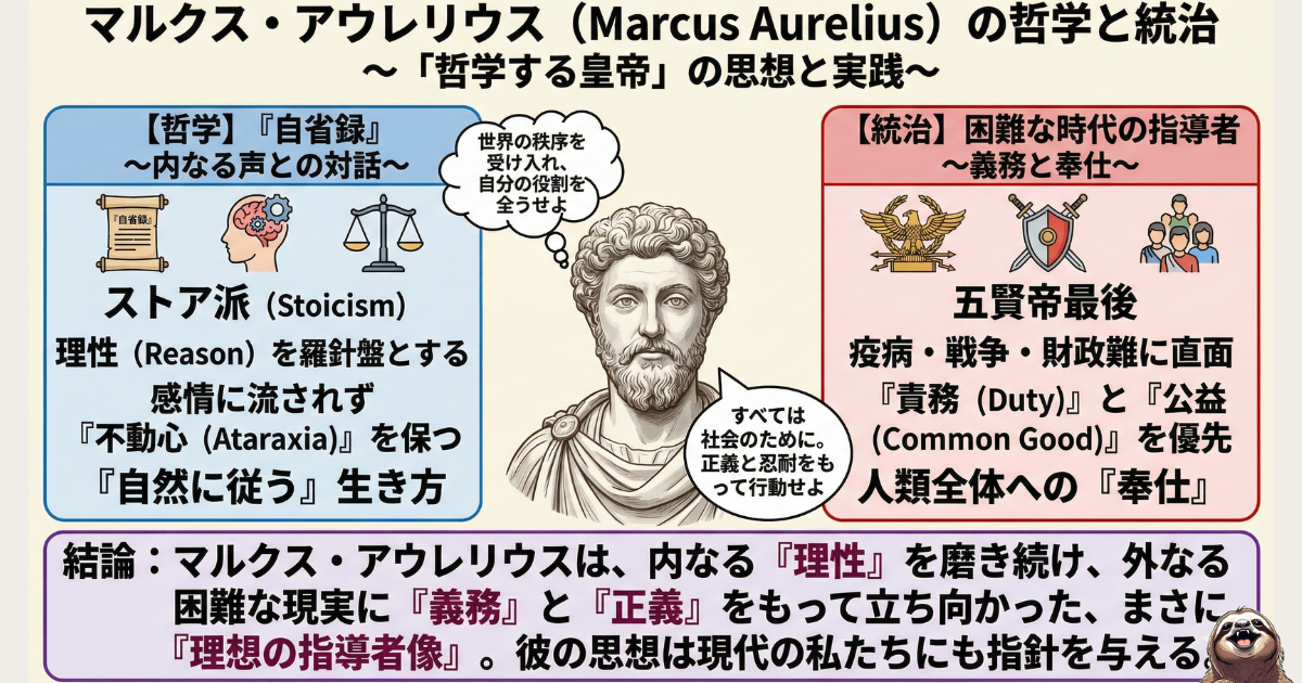 【図解】マルクス・アウレリウスの哲学と統治：「自省録」の著者であり、ストア派の「理性・不動心」を指針に、困難な時代のローマ帝国を導いた「哲学する皇帝」の思想