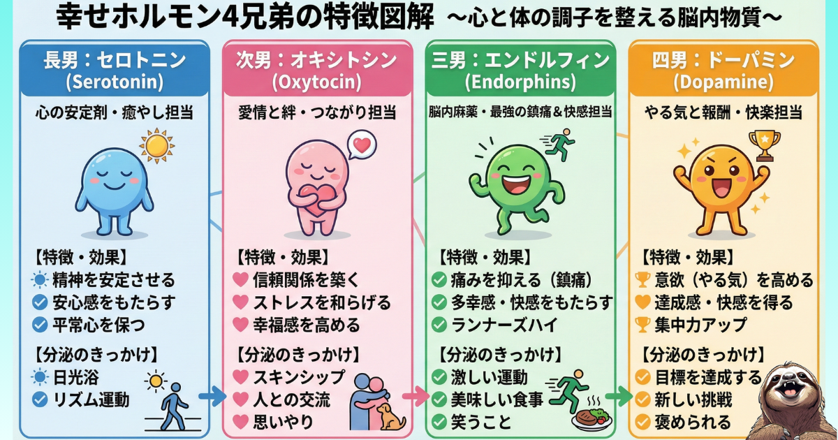 【図解】幸せホルモン4兄弟の特徴と出し方一覧：セロトニン（安心・癒やし）、オキシトシン（愛情・絆）、エンドルフィン（鎮痛・快感）、ドーパミン（やる気・報酬）の効果と分泌のきっかけ