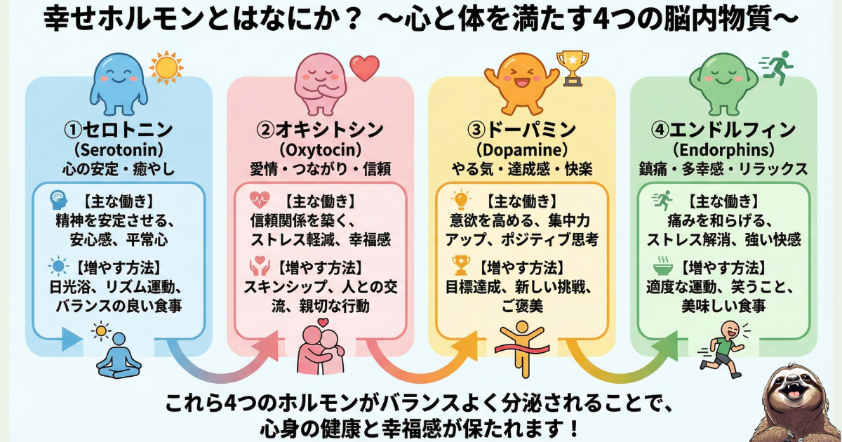 【一覧表】幸せホルモンの種類と増やす方法：日光浴（セロトニン）、スキンシップ（オキシトシン）、目標達成（ドーパミン）、運動や食事（エンドルフィン）によるメンタルケア実践ガイド