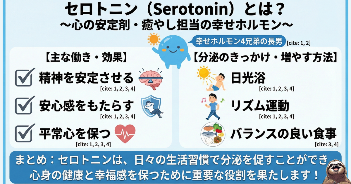 【図解】幸せホルモン「セロトニン」の効果と増やし方：精神を安定させ安心感をもたらす「心の安定剤」の役割と、日光浴・リズム運動・食事による分泌方法の解説