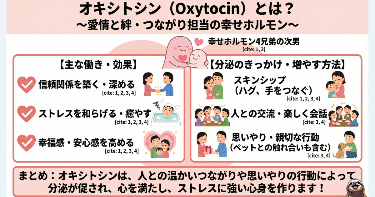 【図解】オキシトシン（愛情ホルモン）の効果と増やし方：信頼関係の構築やストレス軽減に役立ち、スキンシップ・会話・親切な行動によって分泌される仕組み