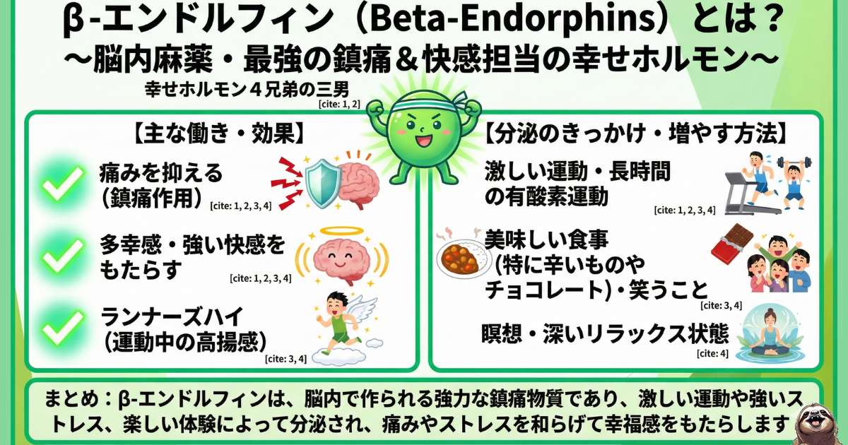 【図解】β-エンドルフィンの効果と増やし方：「脳内麻薬」とも呼ばれる最強の鎮痛物質。ランナーズハイや美味しい食事（チョコ・辛いもの）、笑うことで分泌され、ストレスを緩和する仕組み