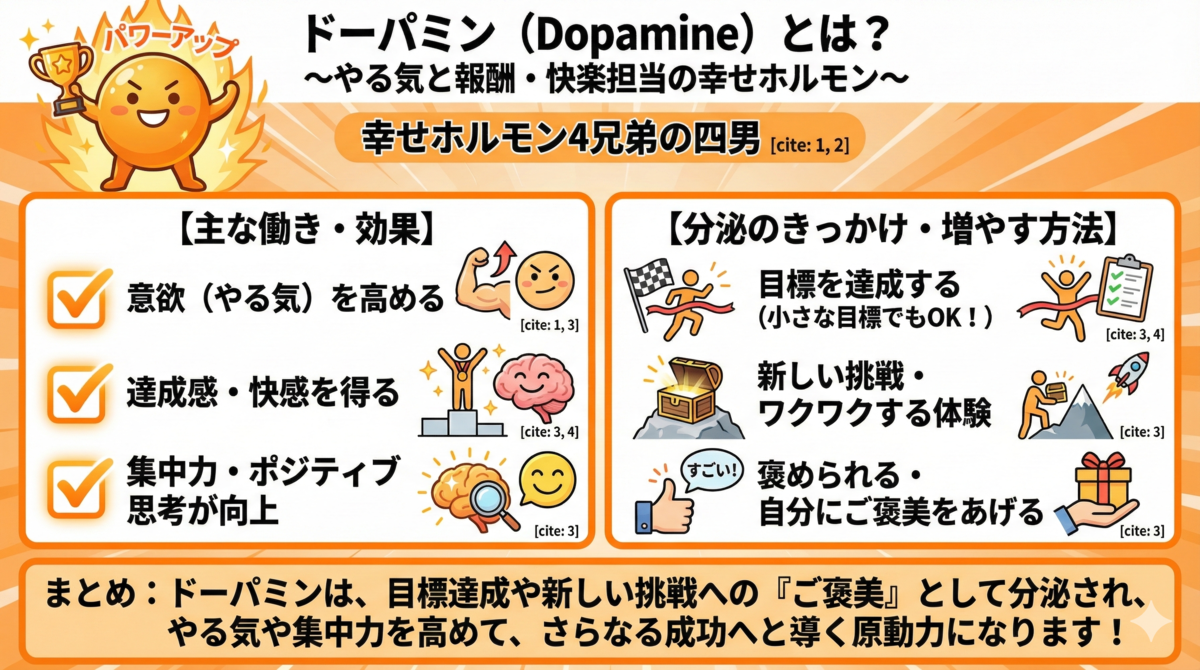【図解】ドーパミンの効果と増やし方：やる気と報酬を担当する幸せホルモン。目標達成（小さな目標でOK）、新しい挑戦、自分へのご褒美で分泌され、意欲や集中力を高める仕組み
