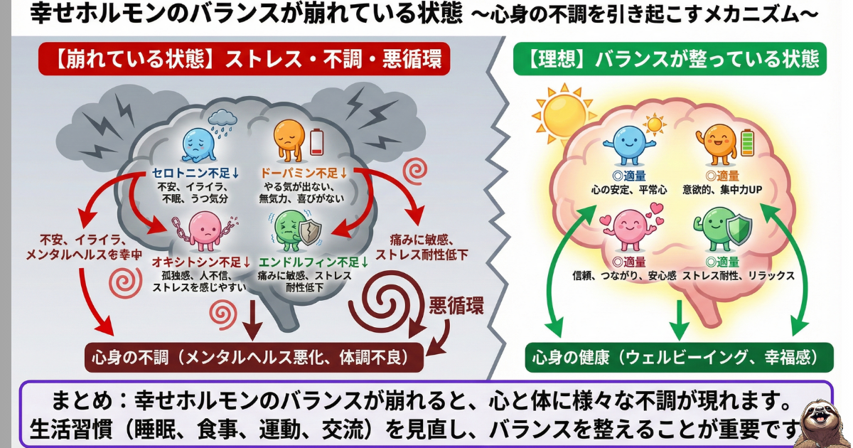 【図解】幸せホルモンのバランス崩壊と理想の状態：セロトニン・ドーパミン・オキシトシン・エンドルフィンの不足が招く精神的不調（不安・無気力）と、バランスが整った幸福な状態（ウェルビーイング）の比較