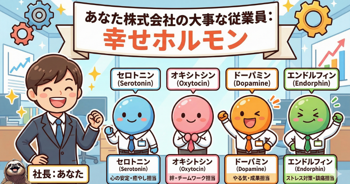 【図解】あなた株式会社の従業員としての幸せホルモン：社長（自分）を支えるセロトニン（癒やし担当）、オキシトシン（チームワーク担当）、ドーパミン（成果担当）、エンドルフィン（ストレス対策担当）の役割分担