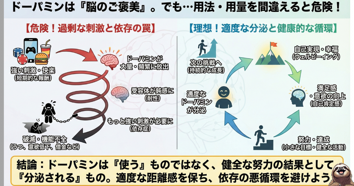 【図解】ドーパミンの依存症リスクと健全な活用法：ギャンブルやスマホ等の強い刺激による「過剰分泌と受容体の麻痺（耐性）」の悪循環と、目標達成による「健全な好循環」の比較