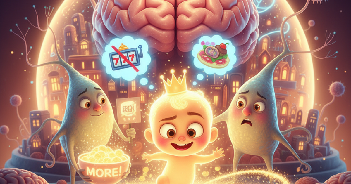 【イラスト】脳の報酬系とドーパミン・デトックスのイメージ：「もっと（MORE!）」と過剰な刺激を求める脳内物質に対し、ギャンブル等の依存対象を断ち切り、本来の脳の輝きを取り戻すメンタルケア