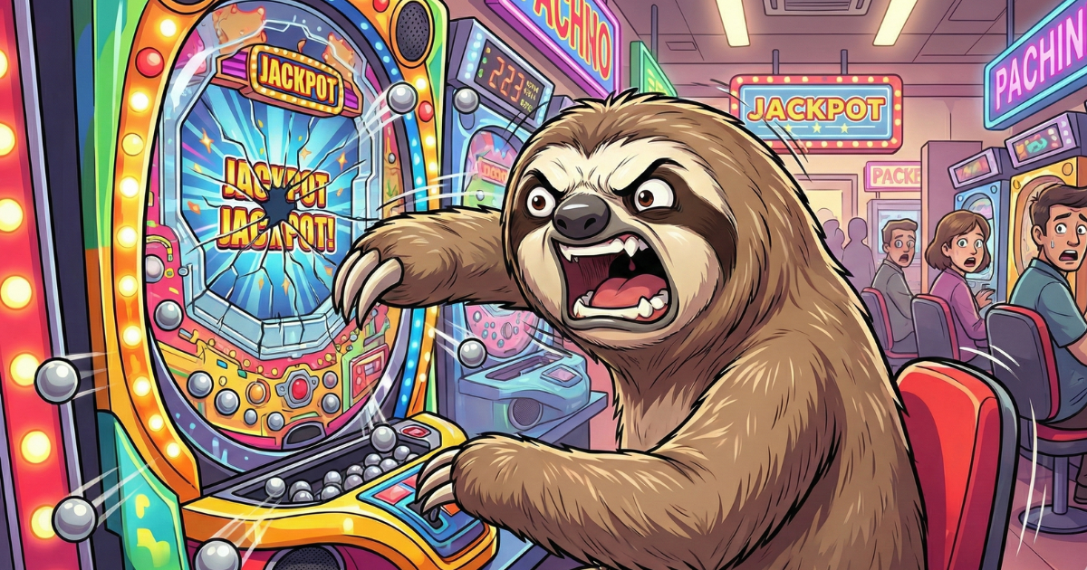 【イラスト】ドーパミンの暴走とギャンブル依存症の末路：パチンコ台（JACKPOT）を叩くほど興奮し、快楽に溺れて理性を失ったナマケ者の姿。過剰な刺激がメンタルヘルスを破壊する警告